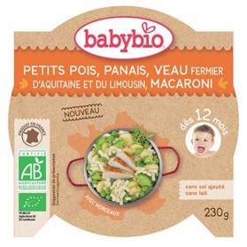 BABYBIO ASSIETTE REPAS AVEC MORCEAUX BIO 230G DES 12 MOIS- PETITS POIS PANAIS VEAU MACARONI