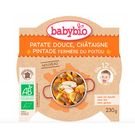 BABYBIO ASSIETTE REPAS AVEC MORCEAUX BIO 230G DES 12 MOIS - PATATE DOUCE CHATAIGNE PINTADE