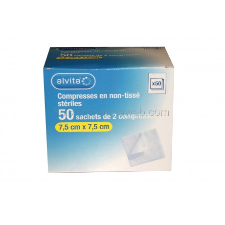 COMPRESSES en Non-Tissé Stériles 7.5cm*7.5cm ALVITA Boite de 50 sachets de 2 compresses