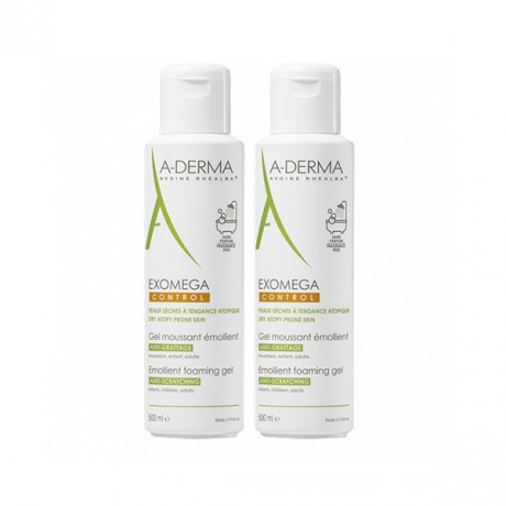 A-derma Exomega Control Gel Moussant Emollient Lot de 2 x 500ml