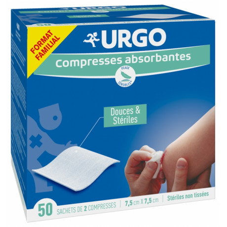 Urgo Compresses Absorbantes Douces & Stériles Non Tissées 7,5 cm x 7,5 cm 50 Sachets de 2 Compresses