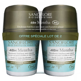 Sanoflore Déodorant Fraîcheur Anti-Traces Mentha Roll-On 48h Bio Lot de 2 x 50ml