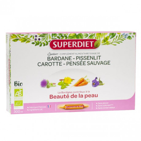 Superdiet Quatuor Bardane Beauté de la Peau Bio Bardane Pissenlit Carotte Pensée Sauvage 20 ampoules de 15ml