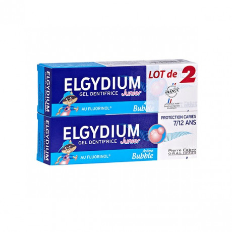 ELGYDIUM JUNIOR DENTIFRICE AU FLUORINOL GOUT BUBBLE 7-12 ANS 2X50ML