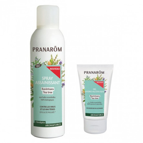 Pranarom Aromaforce Spray Assainissant Ravintsara Tea Tree Bio 150ml + Gel Hydro Alcoolique 50ml Offert